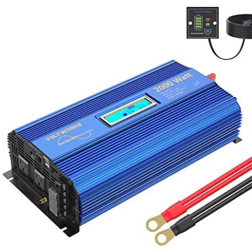 Pure Sine Wave 2000Watt Car Power Inverter Converter DC 12V to 120V AC with Remote Control and LCD Display 1 AC Terminal Block 2 AC Outlets 2x2.4A USB Ports for RV Truck Boat by VOLTWORKS (12VBlue)
