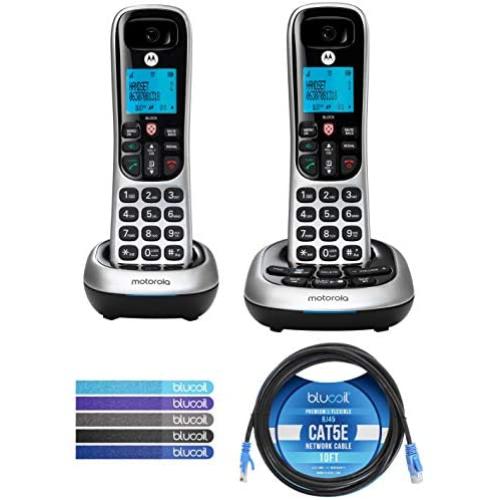 Motorola CD4012 DECT 6.0 Cordless Phones with Digital Answering Machine and Call Block (2-Pack) Bundle with Blucoil 10-FT 1 Gbps Cat5e Cable, and Reusable Cable Ties (5-Pack)