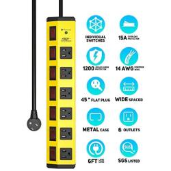 Power Strip with Individual Switches and Flat Plug, CRST ECO-Friendly 6-Outlet Metal Heavy Duty Surge Protector (1200 Joules), 6-Feet 14AWG Cord with Hook and Loop Fastener, 15A Circuit Breaker