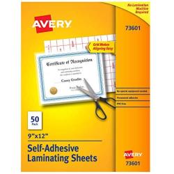 Avery 73601 Self-Adhesive Laminating Sheets, 9 x 12 Inch, Permanent Adhesive, 50 Clear Laminating Sheets