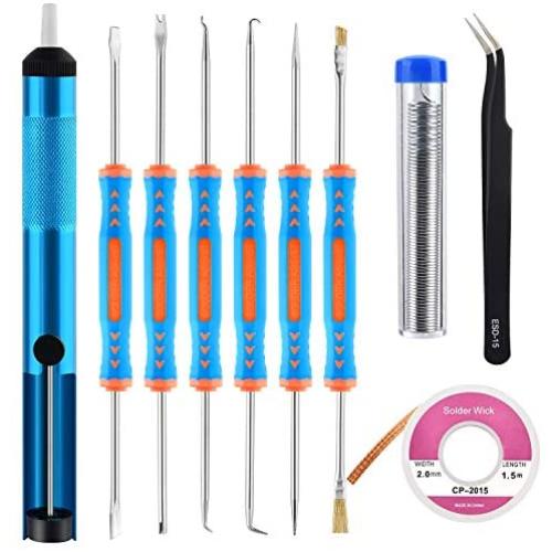 Sainwora 10 Pcs Soldering Accessories Kit Includes 6 Pcs Soldering Assist Aid Repair Tool, Desoldering Pump,Solder Wick & Pocket Pack Solder,Tweezers