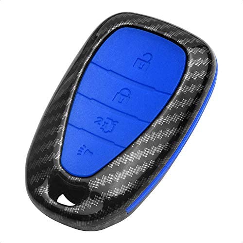 TANGSEN Key Fob Case for CHEVROLET Chevy BOLT CAMARO CRUZE EQUINOX MALIBU SONIC TRAVERSE TRAX VOLT 4 Button Keyless Entry Remote Black Carbon Fiber Pattern ABS Blue Silicone Cover