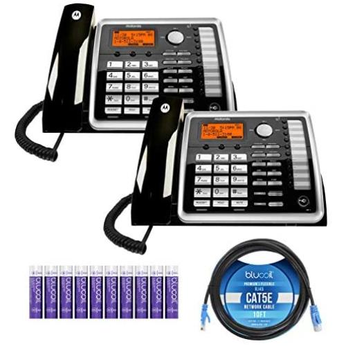 Motorola ML25260 DECT 6.0 Expandable Corded 2-Line Business Phones with Speakerphone and Digital Answering System (2-Pack) Bundle with Blucoil 10-FT 1 Gbps Cat5e Cable and 10 AAA Batteries