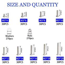 M3 x 4/6/8/10/12/14/16/18/20 mm Screw Assortment Kit 304 Stainless Steel Phillips Pan Head Machine Screws Bolts Nuts Lock Flat Washers with Storage Box - 810 Pieces