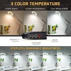 LANCOSC LED Magnifying Lamp with Clamp, Stepless Dimmable, 3 Color Modes, 5-Diopter 4.3″ Real Glass Lens, Adjustable Swivel Arm Lighted Magnifier Light for Desk Table Craft Workbench Close Work-2.25X