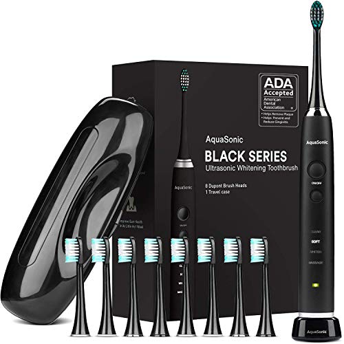 AquaSonic Black Series Ultra Whitening Toothbrush – ADA Accepted Rechargeable Toothbrush - 8 Brush Heads & Travel Case - Ultra Sonic Motor & Wireless Charging - 4 Modes w Smart Timer - Sonic Electric