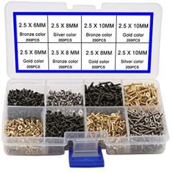 newlng 2.5MM Small Screws Phillips Flat Head Cross Self Tapping Tiny Screw Cabinet Electronic Accessories Screw Multifunctional DIY Micro Woodworking Mini Screw Set Gold Black Silver 1600pcs