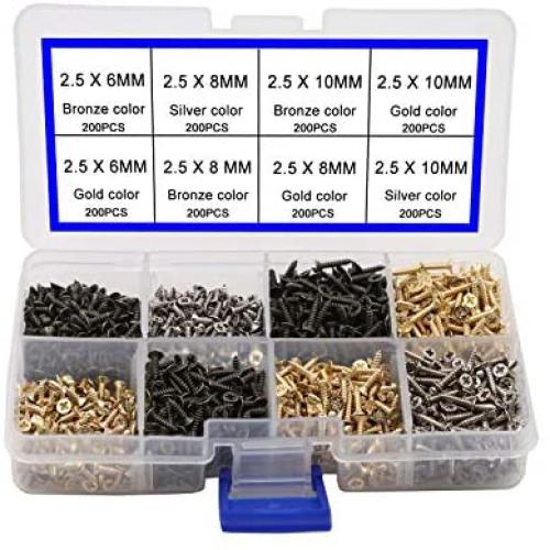 newlng 2.5MM Small Screws Phillips Flat Head Cross Self Tapping Tiny Screw Cabinet Electronic Accessories Screw Multifunctional DIY Micro Woodworking Mini Screw Set Gold Black Silver 1600pcs