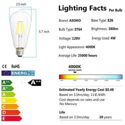 LED Edison Vintage Light Bulbs, 4W 4000K Daylight White, Dimmable LED Edison Bulb Antique LED Filament Bulbs, Clear Glass, 40W Equivalent, 380LM, ST64, E26 Base (4W-4000K-6Pack) (6)