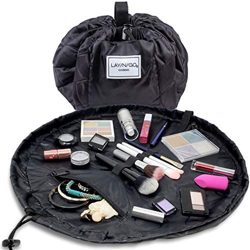 Lay-n-Go Drawstring Makeup Bag – Black, 20 inch - Travel Cosmetic Bag, Scrunch Sac Makeup Bag Opens Flat for Easy Access, Makeup Pouch, Durable and Stylish