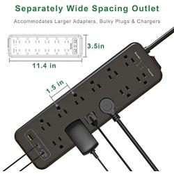 EyGde Power Strip Surge Protector Flat Plug with 12 AC Widely Spaced Outlets (1875W/15A, 2800J) and 3 USB Charging Ports (1 USB-C, 2 USB-A), 4.9Ft Extension Cord, Wall Mountable for Home&Office(Black)