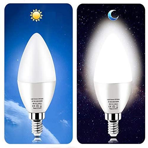 Dusk to Dawn Night Light Bulbs 6W E12 Light Sensor Bulb 6000K 60w Equivalent LED Bulb E12 LED Candelabra Bulb Base,Auto On and Off for Home,Outdoor,Yard Light,White (2 Pack)