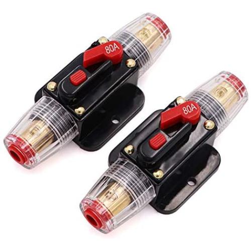 80A Audio Inline Circuit Breaker Reset Fuse PowMr Reset Fuse Holder 80 amp with Manual Reset for 12V-24V DC Car Audio, Stereo Switch and Solar Inverter System (2 Pack)