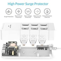 Zettaguard ZG650 WHT Mini 6-Outlet Travel Power Strip/Surge Protector USB Charger & 5 Power Cord, White