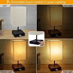 3-Way Touch Control Dimmable Bedside Lamp,Hansang Modern Table Lamp with 2 USB Charging Ports,2 AC Outlets,Nightstand Lamp Square Fabric Lampshade for Bedroom,Living Room,Dimmable LED Bulb Included