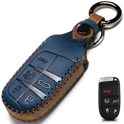Leather Car Key Fob Cover, Suit for Keyless Control for Jeep Grand Cherokee Dodge Challenger Charger Dart Durango Journey Chrysler 200 300 Fiat etc (A Style, Blue) … …