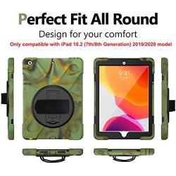 iPad 10.2 2020 2019 Case with Screen Protector, TSQ 3 Layers Shockproof Hard Rugged Protective Silicon Boys Case with Stand/Hand Strap+Shoulder Strap for New iPad 10.2 8th 7th Generation, Camouflage