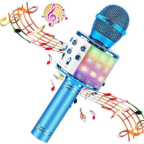 BlueFire Bluetooth 4 in 1 Karaoke Wireless Microphone with LED Lights, Portable Microphone for Kids, Girls, Boys and Adults (Blue)