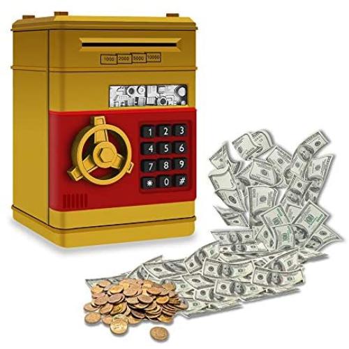 HeQiao Novelty Digital Piggy Bank Electronic Automatic Rolled-into Paper Money Box Password Safe Coin Banks for Gifts (Gold)