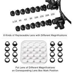 Headband Magnifier with LED Light for Jewelry Clock Electronics Repair Magnifying Glass Loupe with Precision Tweezers and 8 Interchangeable Lens: 2.5X/ 4X/ 6X/ 8X/ 10x/ 15x/ 20x/ 25x