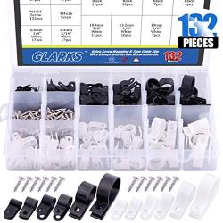 Glarks 132Pcs 6 Sizes 1/4-1 Black and White Nylon Screw Mounting R-Type Cable Clip Wire Clamp with 132Pcs Screws for Wire, Cable, Conduit and Cable Conduit Kit