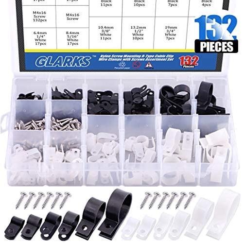 Glarks 132Pcs 6 Sizes 1/4-1 Black and White Nylon Screw Mounting R-Type Cable Clip Wire Clamp with 132Pcs Screws for Wire, Cable, Conduit and Cable Conduit Kit