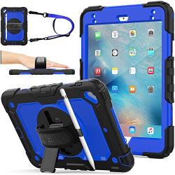 SEYMAC stock Case for iPad Mini 5/4, Protection [Full-Body] Case with 360 Degrees Rotating Stand [Pencil Holder] [Screen Protector] Hand Strap for iPad Mini 5th/4th Generation 7.9 inch(Blue+Black)