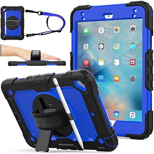 SEYMAC stock Case for iPad Mini 5/4, Protection [Full-Body] Case with 360 Degrees Rotating Stand [Pencil Holder] [Screen Protector] Hand Strap for iPad Mini 5th/4th Generation 7.9 inch(Blue+Black)
