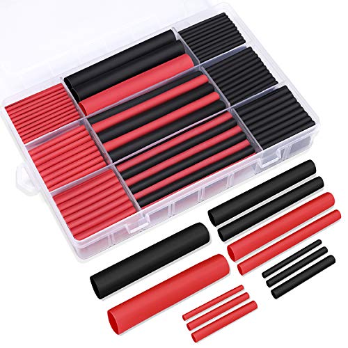 Ginsco 270Pcs 3:1 Shrink Ratio Dual Wall Adhesive Lined Heat Shrink Tubing Tube 6 Size: 3/8'',1/4'',3/16'',1/8'',3/32'',1/16'', 2 Color KIT Black Red