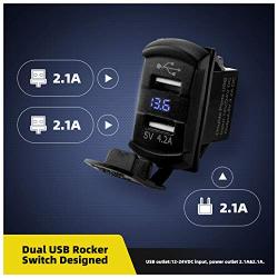 Dual USB Rocker Switch Blue Led Digital Voltmeter Honey Coco Input 12-24V Output 5V/4.2A for Fast Charging Electronic Devices，Universal for All 12V-24V Cars