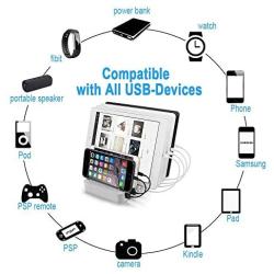 USB Charging Station for iPhone,COSOOS Charger Station with 5 lPhone Charger,1 Type-C,1 Micro Cable,iWatch Stand,6-Port Charging Station for Multiple Devices,iPad,Kindle(Silver White)