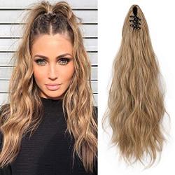 SEIKEA Ponytail Extension Claw Clip 16'' 24'' Long Wavy Curly Hair Extension Jaw Clip Ponytail Hairpiece Synthetic Pony Tail (16 Inch, 27/613)