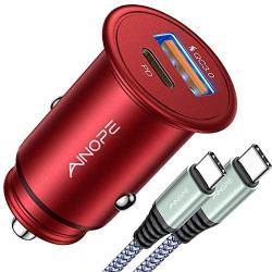 USB C Car Charger Super Mini AINOPE All Metal 36W Fast USB Car Charger PD&QC 3.0 Dual Port Car Adapter Compatible with iPhone 12/iPhone 11/Pro/Max/XR/XS/Max/8/8P, Note 10/S10-Red