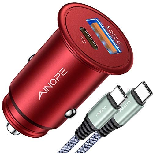 USB C Car Charger Super Mini AINOPE All Metal 36W Fast USB Car Charger PD&QC 3.0 Dual Port Car Adapter Compatible with iPhone 12/iPhone 11/Pro/Max/XR/XS/Max/8/8P, Note 10/S10-Red