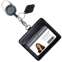 Genuine Leather ID Badge Holder Wallet with Heavy Duty Carabiner Retractable Reel, Key Ring and Metal Clip, 2 Card Pockets. Holds Multiple Cards & Keys. Bonus Key Chain Flashlight. Horizontal. Black