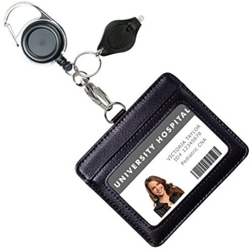Genuine Leather ID Badge Holder Wallet with Heavy Duty Carabiner Retractable Reel, Key Ring and Metal Clip, 2 Card Pockets. Holds Multiple Cards & Keys. Bonus Key Chain Flashlight. Horizontal. Black