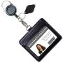 Genuine Leather ID Badge Holder Wallet with Heavy Duty Carabiner Retractable Reel, Key Ring and Metal Clip, 2 Card Pockets. Holds Multiple Cards & Keys. Bonus Key Chain Flashlight. Horizontal. Black