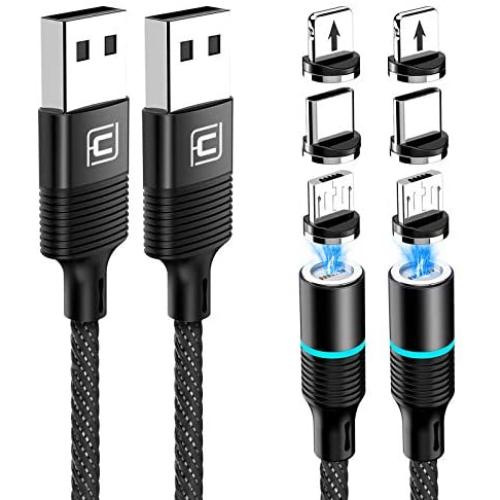 Magnetic Charging Cable, CAFELE 2 Pack Nylon Braided USB 3.A Fast Charging Cord with LED Light, Universal 3 in 1 Magnet Phone Charger Compatible with Micro USB, Type C Devices - Black/6.6ft