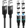 Magnetic Charging Cable, CAFELE 2 Pack Nylon Braided USB 3.A Fast Charging Cord with LED Light, Universal 3 in 1 Magnet Phone Charger Compatible with Micro USB, Type C Devices - Black/6.6ft