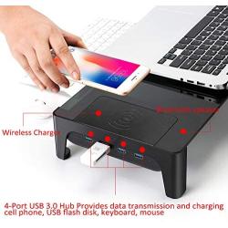 4 in 1 Monitor Stand Riser with Bluetooth Speaker, Wireless Charger, 4 USB 3.0 Support Transfer Data Charging,Keyboard and Mouse Storage Desk Organizer | up to 27inch for Laptop Computer MacBook PC