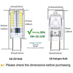 G8 LED Bulb Dimmable 3W Equivalent to T4 JCD Type Bi-Pin G8 Base Halogen Bulb 20W-25W, AC 110-120V Mini G8 Bulb Daylight White 6000K for Under Cabinet Light, Under Counter Kitchen Lighting (10 Pack)