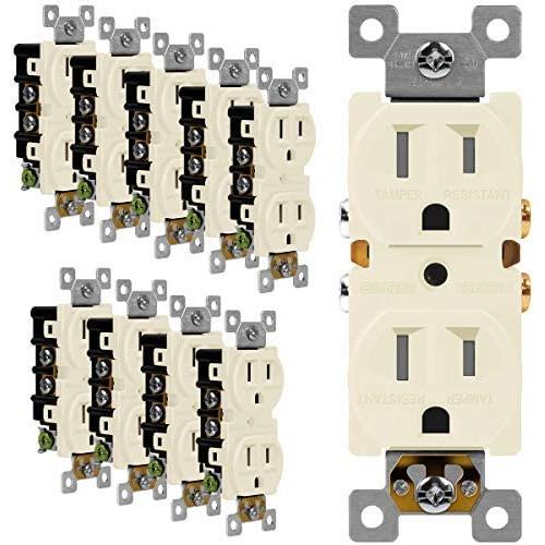 ENERLITES Duplex Receptacle Outlet, Tamper-Resistant, Residential Grade, 3-Wire, Self-Grounding, 2-Pole,15A 125V, UL Listed, 61580-TR-LA-10PCS, Light Almond (10 Pack)