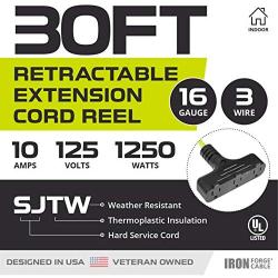 30Ft Retractable Extension Cord Reel with Breaker Switch & 3 Electrical Power Outlets - 16/3 SJTW Durable Green Cable - Perfect for Hanging from Your Garage Ceiling