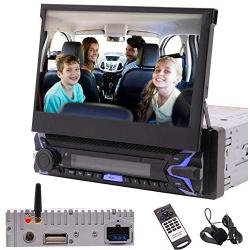 Android 10.0 Single Din Car Stereo 7 Inch Flip Out Capacitive Touch Screen Support Bluetooth WiFi GPS Navigation Mirror Link AM/FM Car Radio OBD USB SD AUX Cam-in with Backup Camera and Microphone