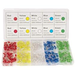 DiCUNO 450pcs (5 Colors x 90pcs) 5mm LED Light Emitting Diode Round Assorted Color White/Red/Yellow/Green/Blue Kit Box