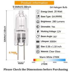 12 Pack, G4 Halogen Light Bulb , T3 JC Type Clear 20W 12V AC/DC Bi-Pin Bulb for Landscape Lighting,Accent Lights, Track Lighting,Under Cabinet Puck Light, Chandeliers,360°Beam Angle/Warm White