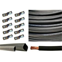 1/0 Gauge 1/0 AWG 10 Feet Black Welding Battery Pure Copper Flexible Cable + 10pcs of 3/8'' Tinned Copper Cable Lug Terminal Connectors + 3 Feet Black Heat Shrink Tubing