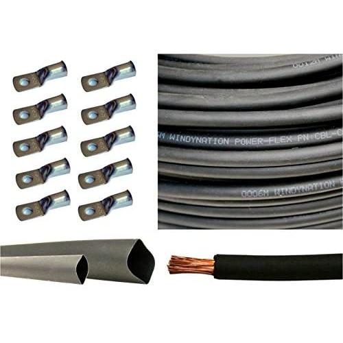 1/0 Gauge 1/0 AWG 10 Feet Black Welding Battery Pure Copper Flexible Cable + 10pcs of 3/8'' Tinned Copper Cable Lug Terminal Connectors + 3 Feet Black Heat Shrink Tubing