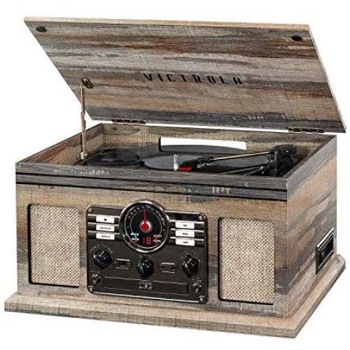 Victrola 6-in-1 Nostalgic Bluetooth Record Player with 3-Speed Turntable, Farmhouse Shiplap Grey, 1SFA (VTA-200B-FSG)