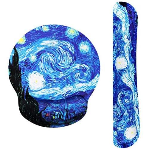 Van Gogh Starry Night Ergonomic Design Mouse Pad with Wrist Rest Hand Support and Keyboard Support. Round Large Mousing Area. Mouse Pad and Keyboard Pad for Laptop, PC Computer & Mac.